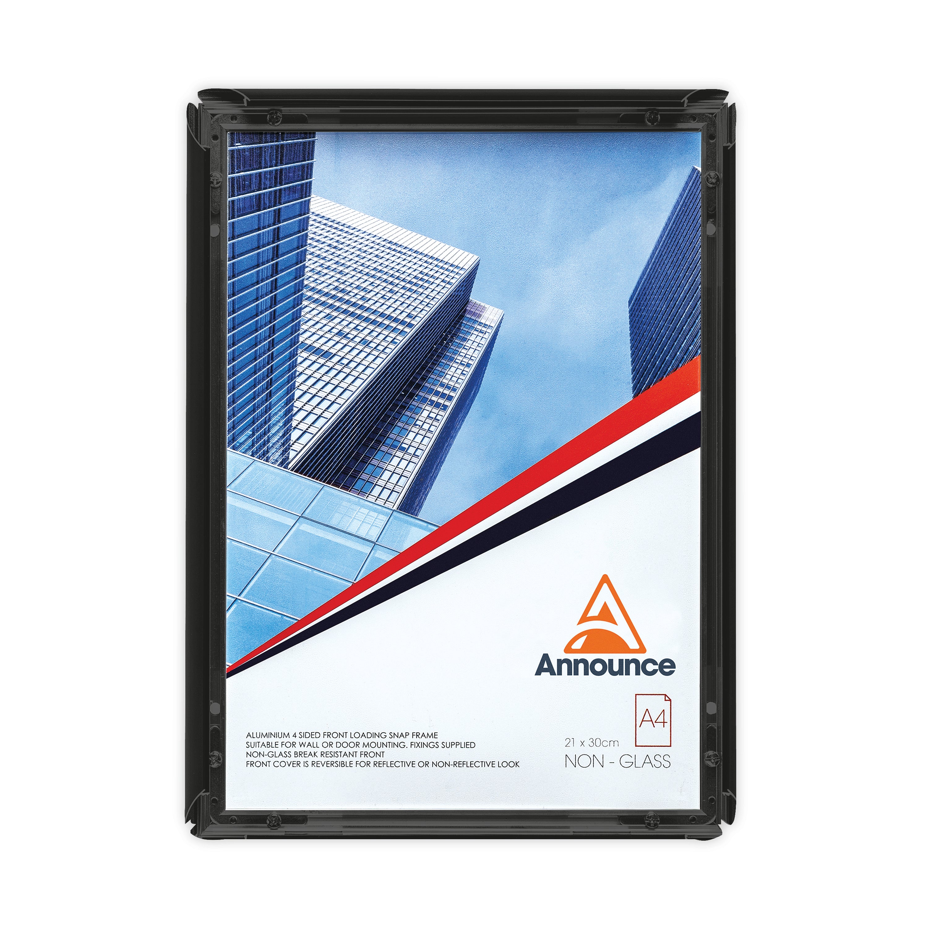 A black Announce A4 snap frame (AA06222) demonstrating the easy-to-use clip frame.