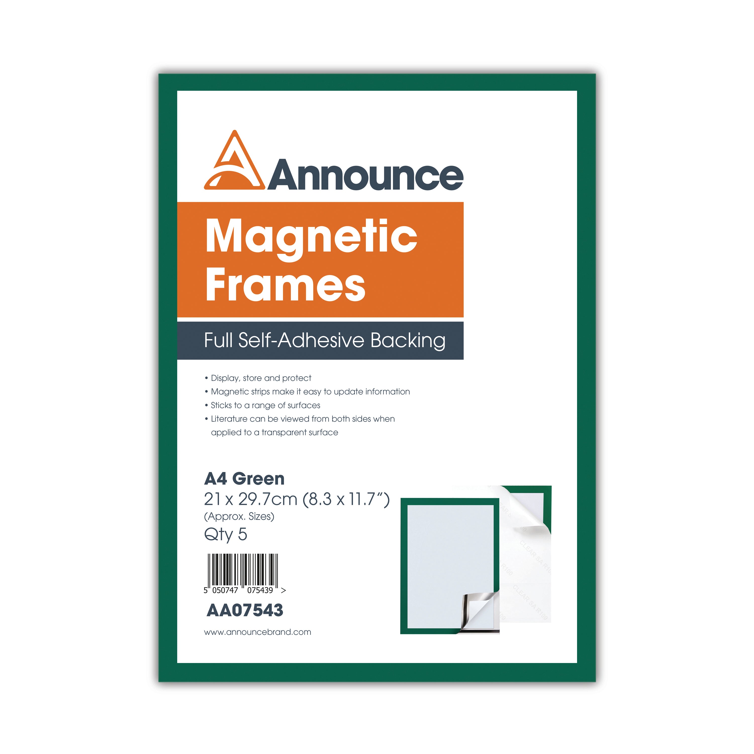 Bright green Announce A4 magnetic document holder (AA07543) shown in use.