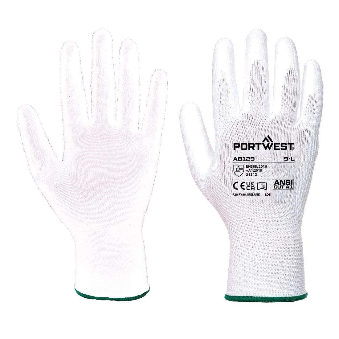 Portwest PU-coated palm gloves in breathable white knit, laid flat on clean white backdrop