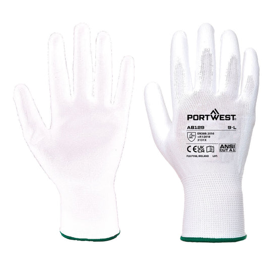 Portwest PU-coated palm gloves in breathable white knit, laid flat on clean white backdrop