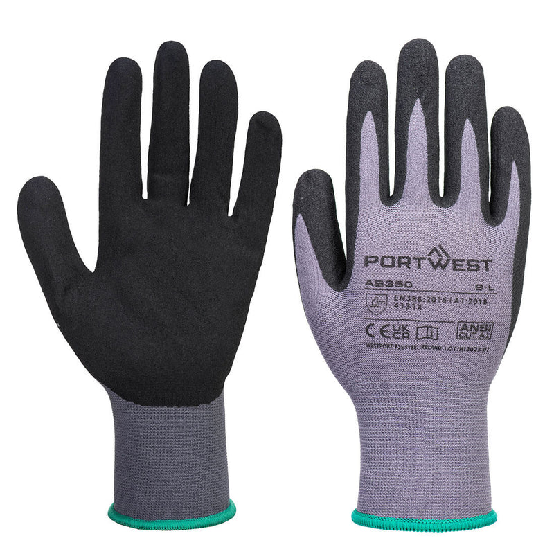 Grey and black Portwest DermiFlex essential gloves with foam nitrile palm grip and elastic cuff