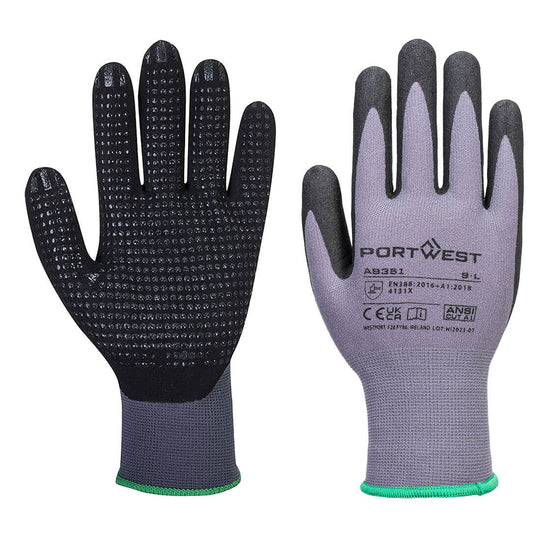 Grey and black Portwest DermiFlex Plus gloves with micro-foam palm coating and snug knit wrist