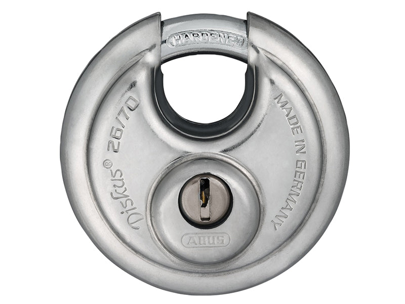 Front view of the ABUS 26/70C Diskus padlock in its carded packaging.