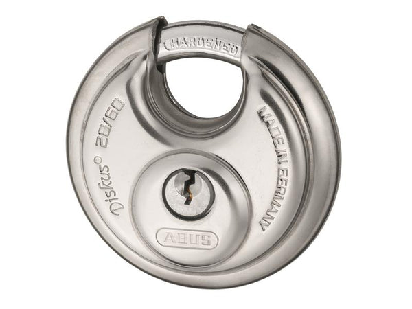 The ABUS 28/60 Diskus padlock with a brass body for good corrosion resistance.