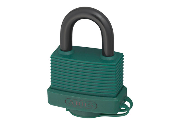 Green ABUS 70AL/45 aluminium padlock with a hardened steel shackle and protective cover.