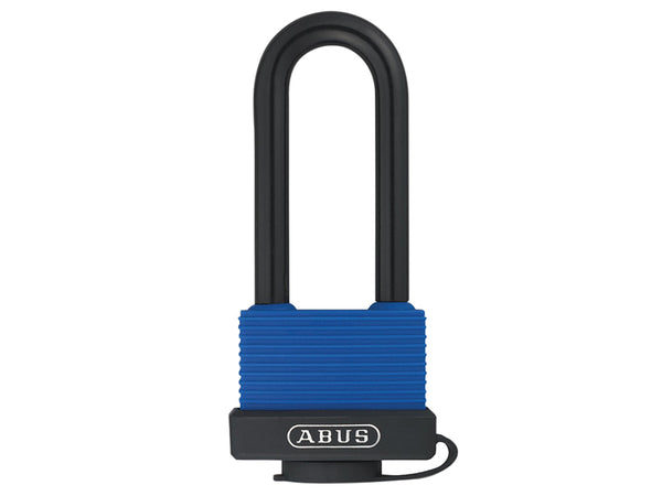 ABUS 70IB/45LSC long shackle Aqua Safe padlock in its retail carded packaging.