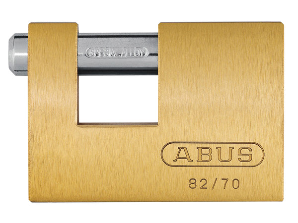 The ABUS 82/70 Monoblock brass shutter padlock, designed for roller shutters and gates.