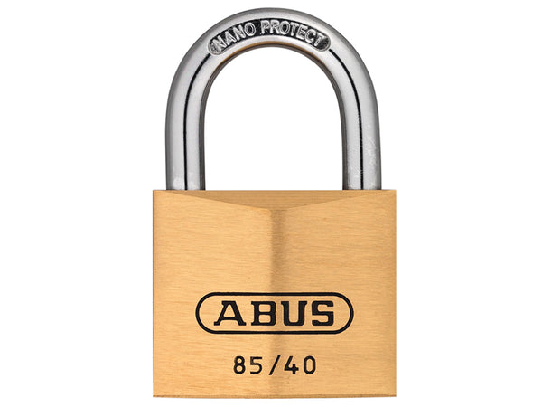 The ABUS 85/40 brass padlock with a long hardened steel shackle and precision keyway.