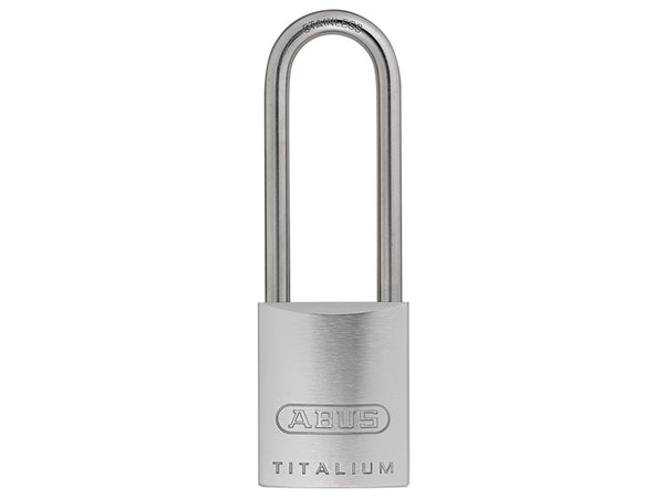 The ABUS 86TI/45LSS Titalium padlock with a long stainless steel shackle for weather resistance.