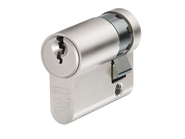 ABUS E60N 10/35C Euro Profile half cylinder in a nickel pearl finish, in retail packaging.