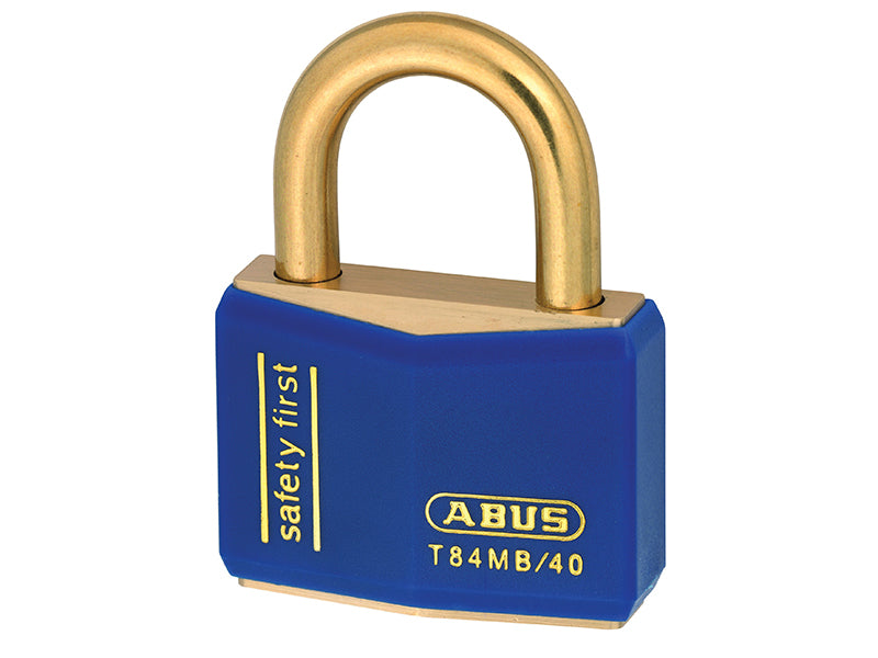 A blue ABUS T84MB/40 rustproof padlock, providing both security and easy identification.