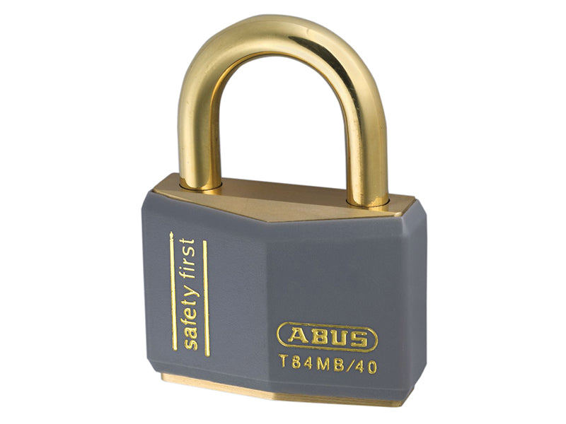 A grey ABUS T84MB/40 rustproof padlock with a neutral, durable vinyl casing.