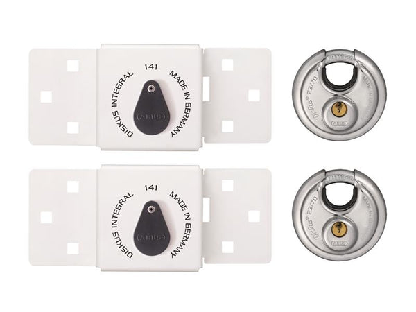 Twin pack of the white ABUS Van Lock (ABUVANLOCKT) with keyed-alike 26/70mm Diskus padlocks.