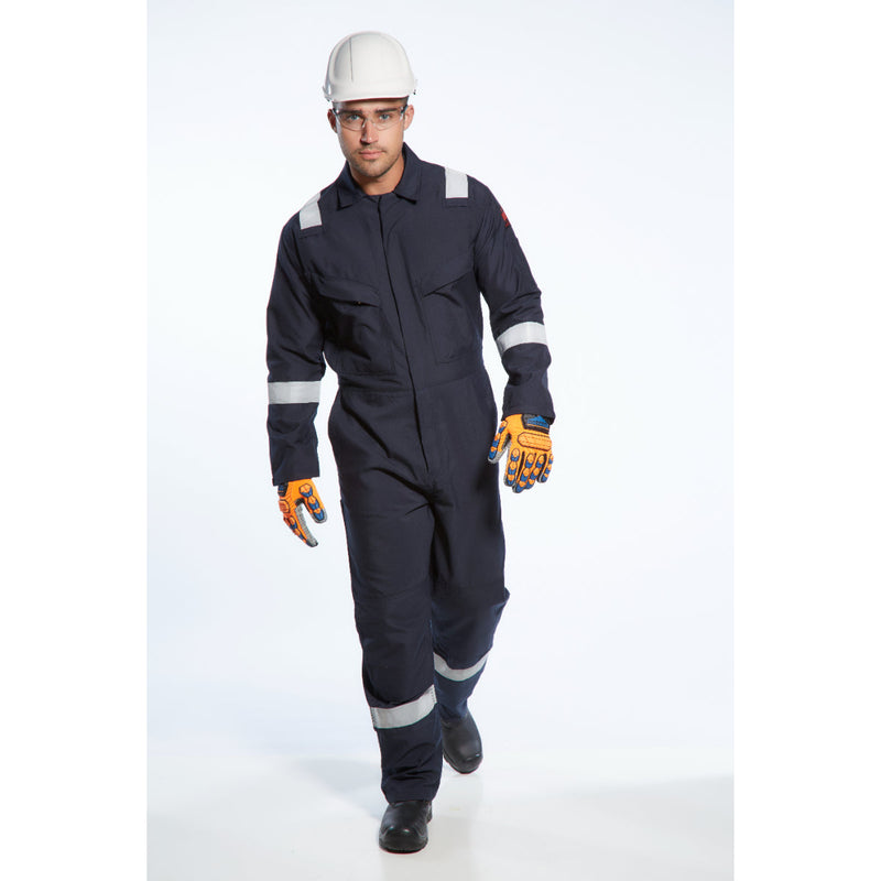 Full body shot of a worker in the Portwest Araflame Gold Coverall AF53.