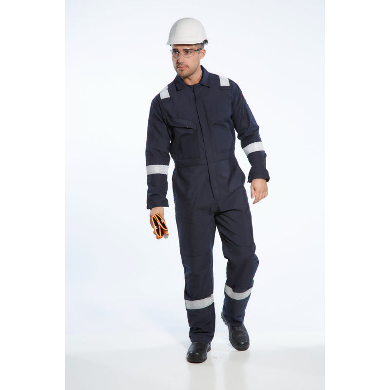 Front two-way zip detail on the Portwest Araflame Gold Coverall AF53.