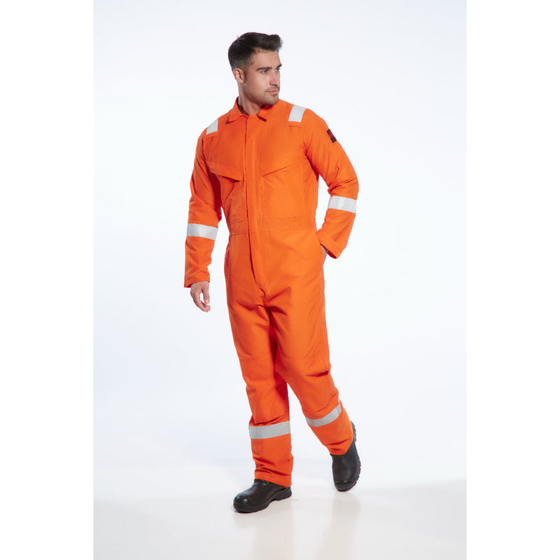 Side view of a worker wearing the Portwest Araflame Gold Coverall AF53.