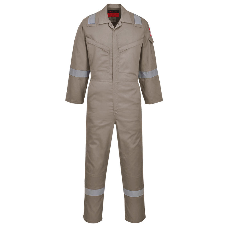 Portwest Araflame Silver Coverall AF73 in khaki. Studio shot.