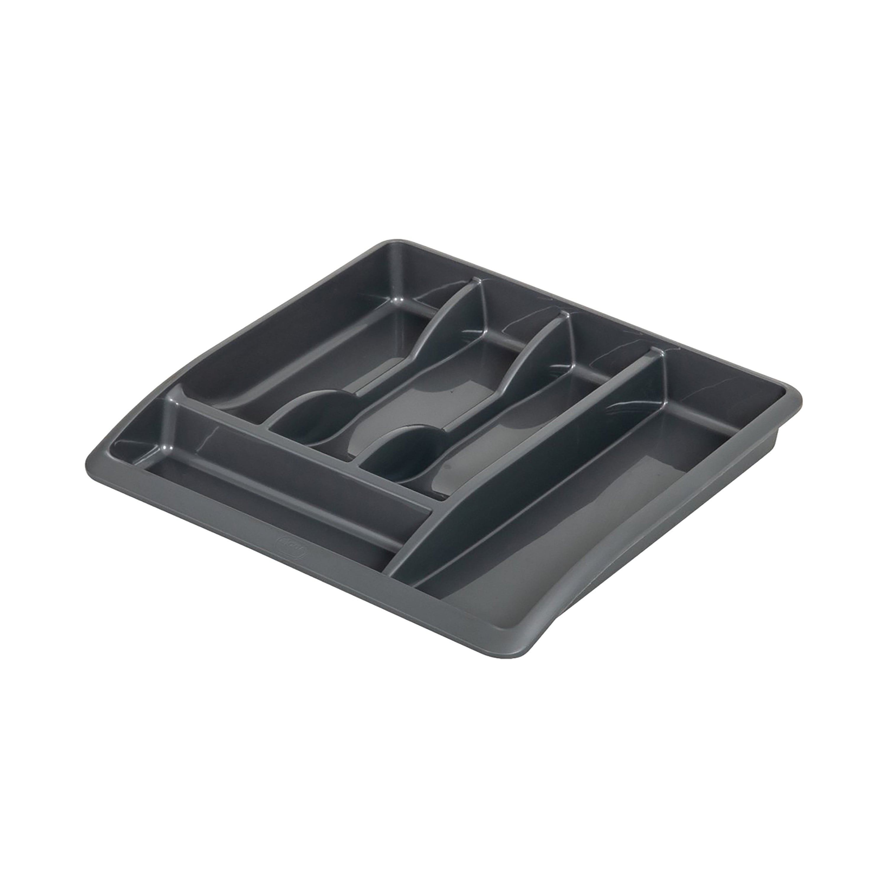 Angled shot of the Addis metallic grey cutlery tray, showing the compartment depth.