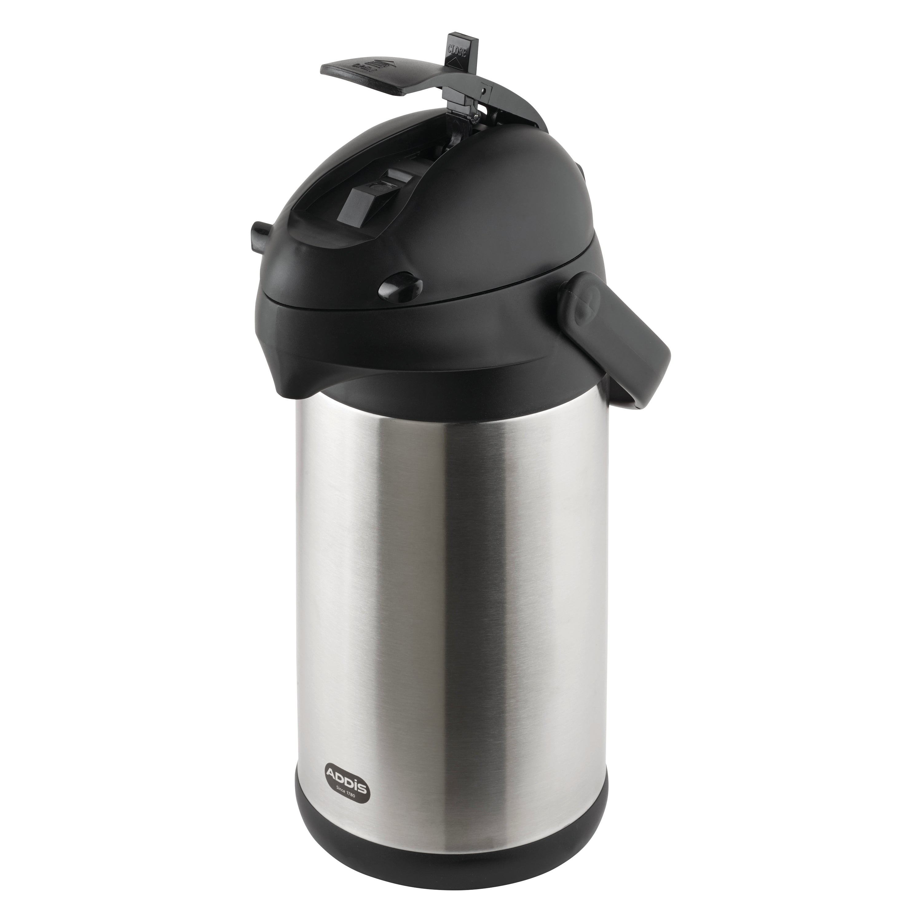 3-litre President pump pot vacuum jug in chrome. Front view with black pump and handle.