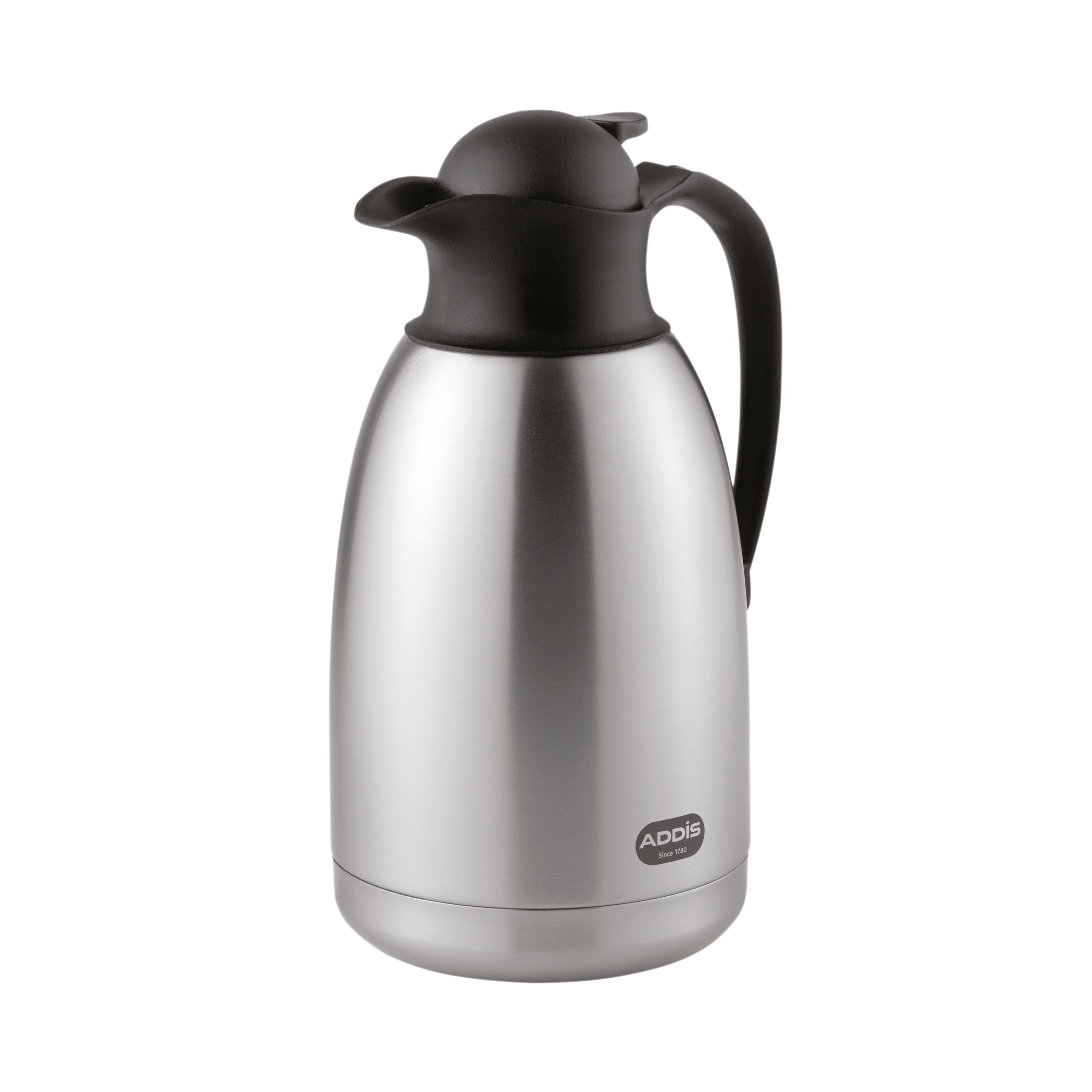 Diplomat 2-litre vacuum jug in stainless steel with a black lid and ergonomic handle.