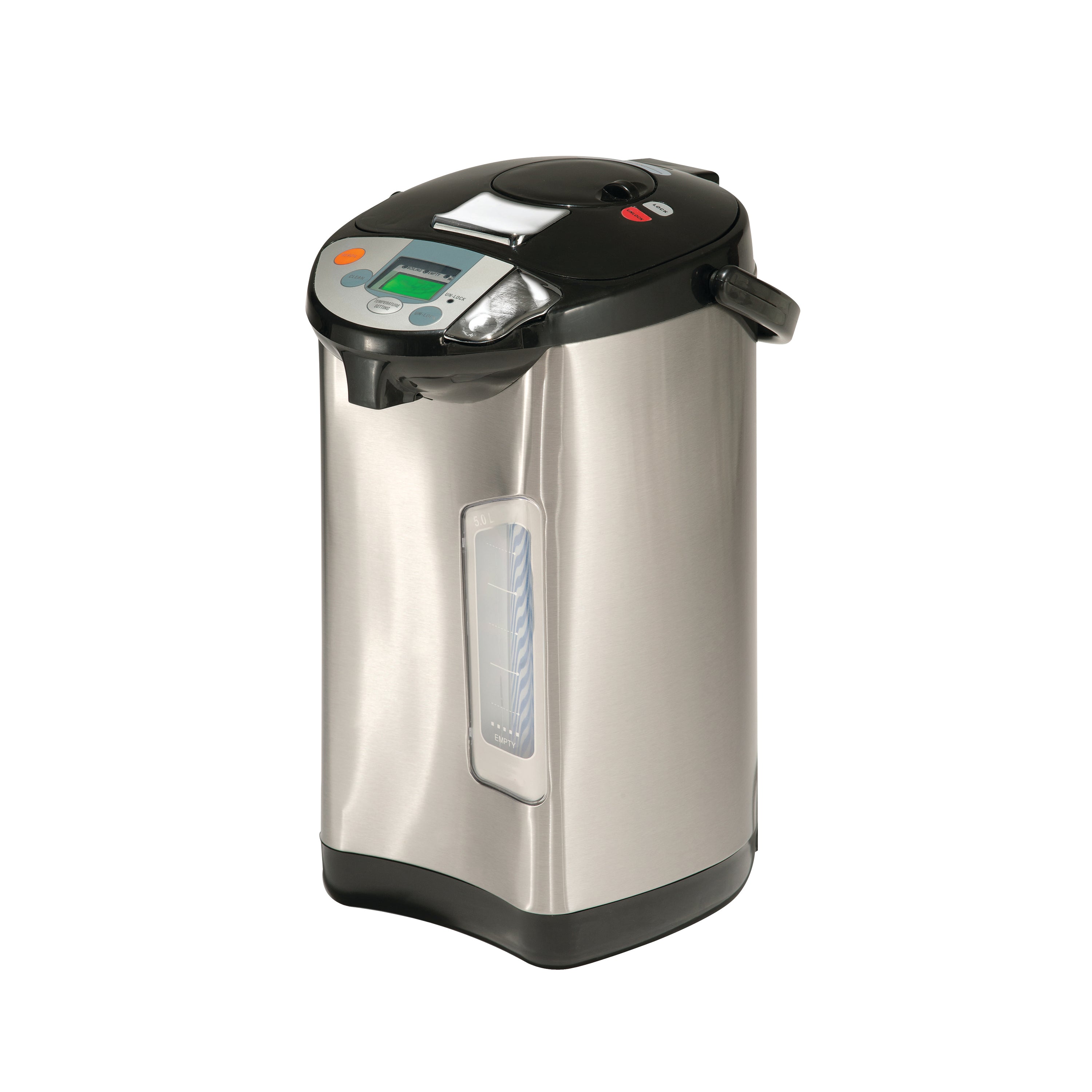 5L thermo pot in stainless steel and black, showing its 3-way dispensing controls.