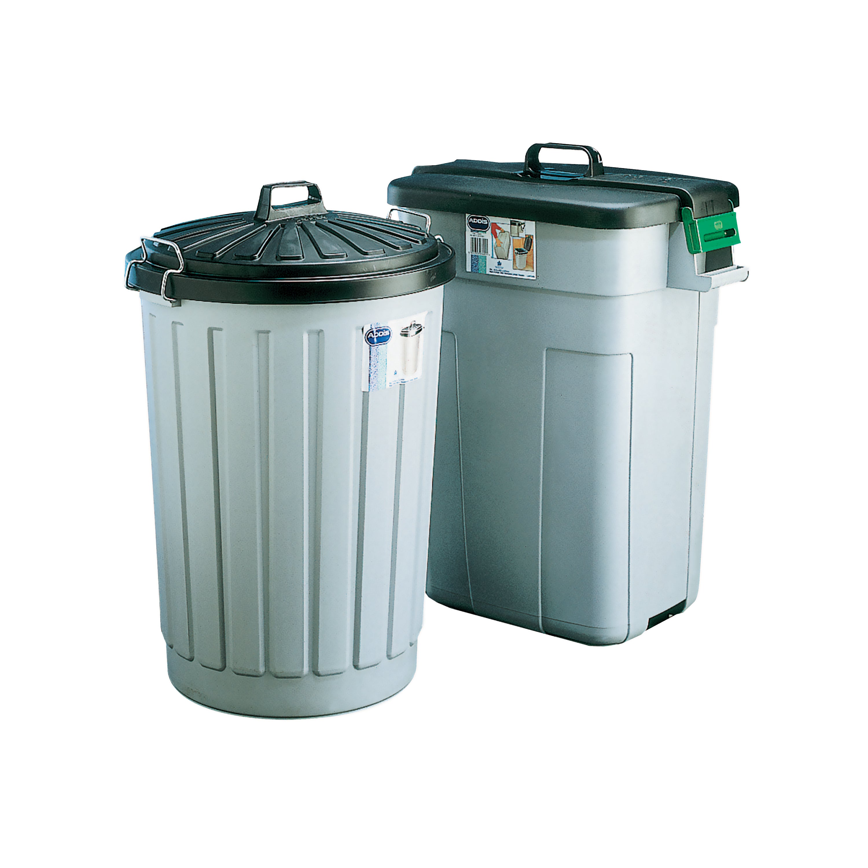 90-litre round dustbin in grey with a fitted black lid for outdoor or heavy use.