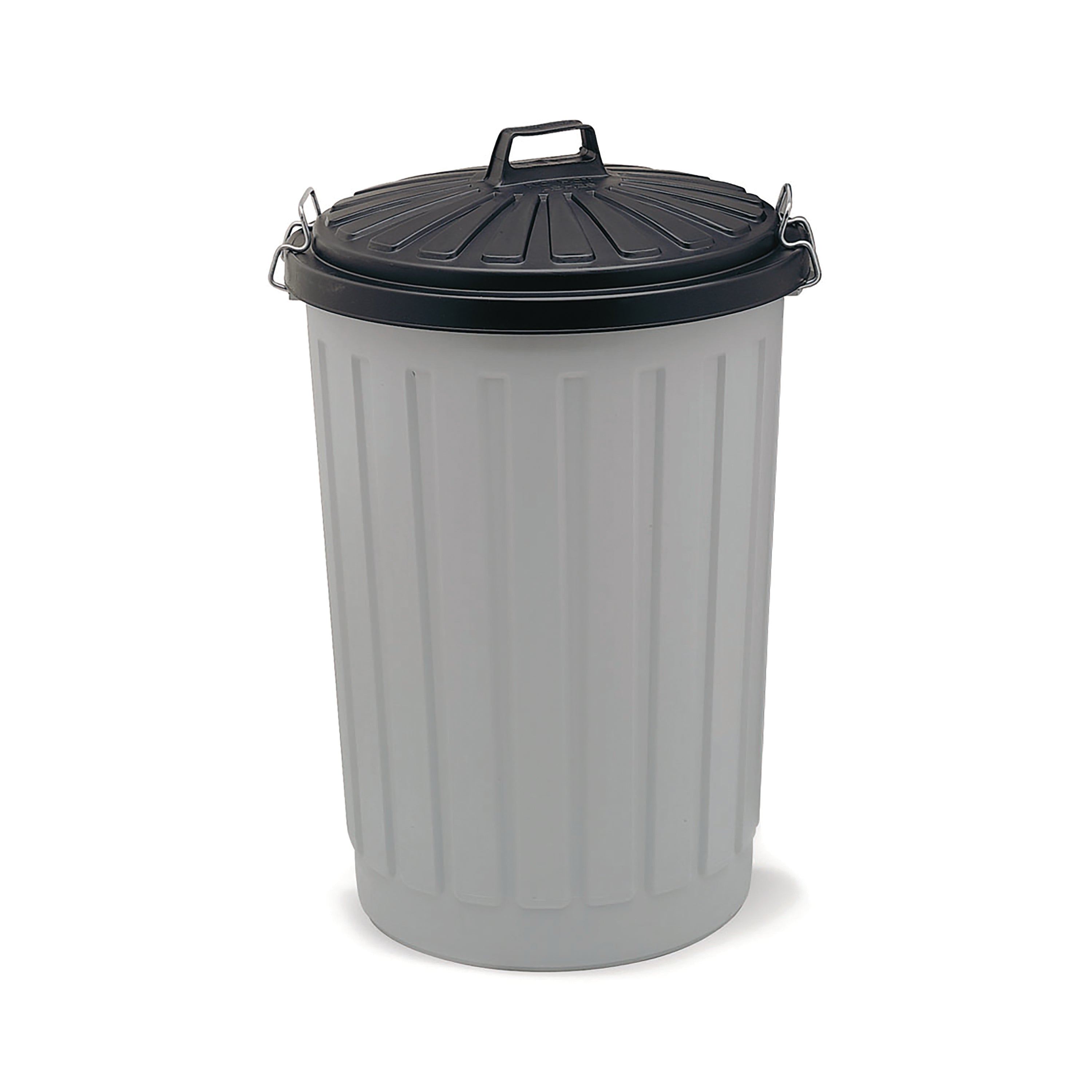 Side view of the large 90-litre grey Addis dustbin with its black clip-on lid in place.