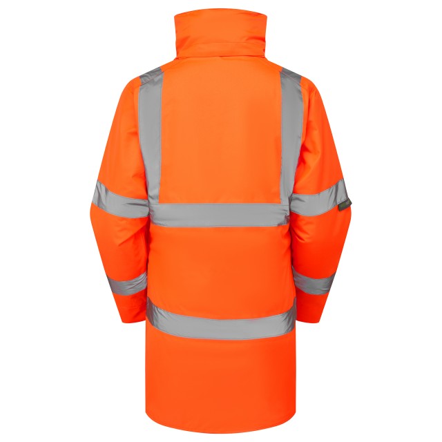 Back view of the orange Leo Workwear Cheristow women's anorak, showing the reflective tape pattern for visibility.