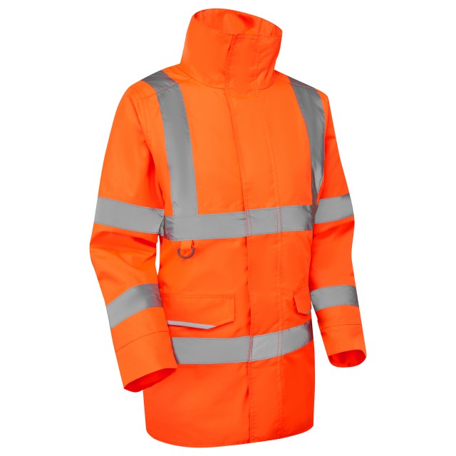 Right side of the hi-vis orange Leo Workwear Cheristow women's anorak, highlighting its fit.