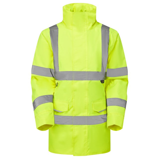 Front of the yellow Leo Workwear Cheristow women's anorak, a high-visibility, eco-friendly jacket for the worksite.