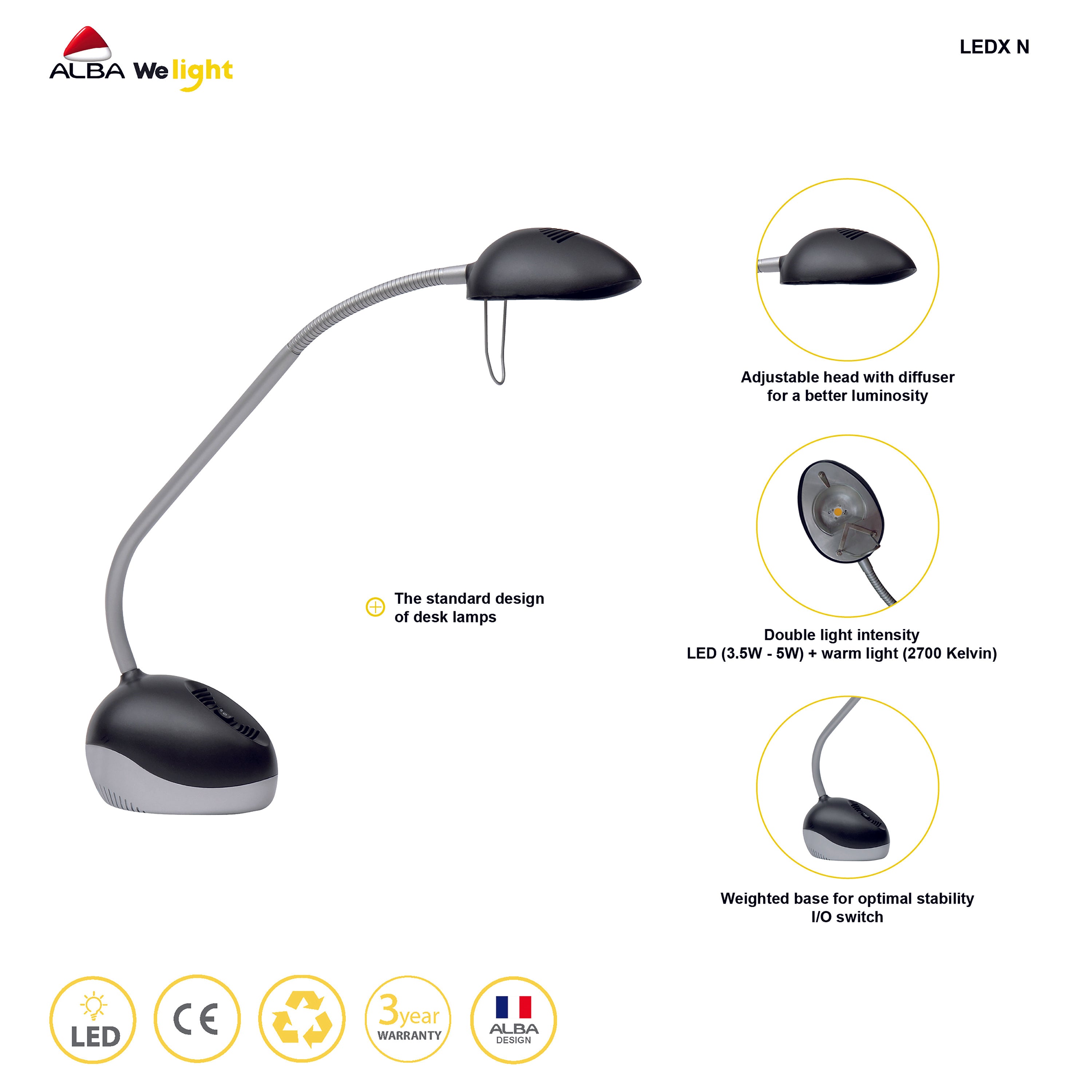 Full upright display of Alba Halox LED desk lamp with rounded shade and sturdy base