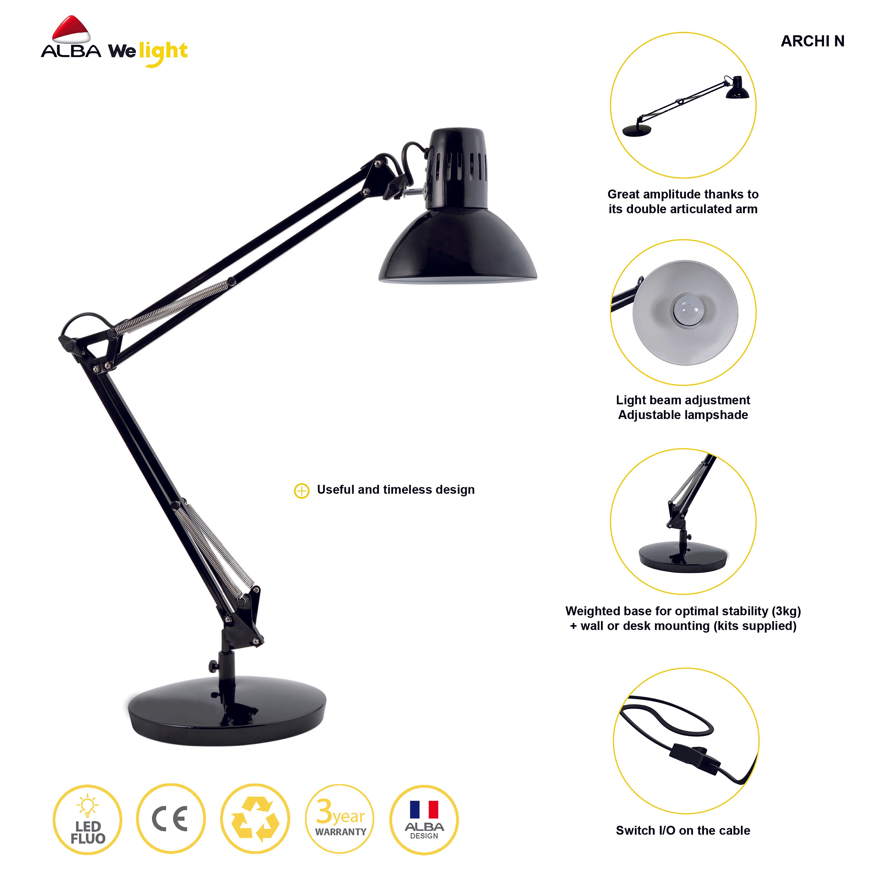 Alba black architect desk lamp showing flexible design and lamp head