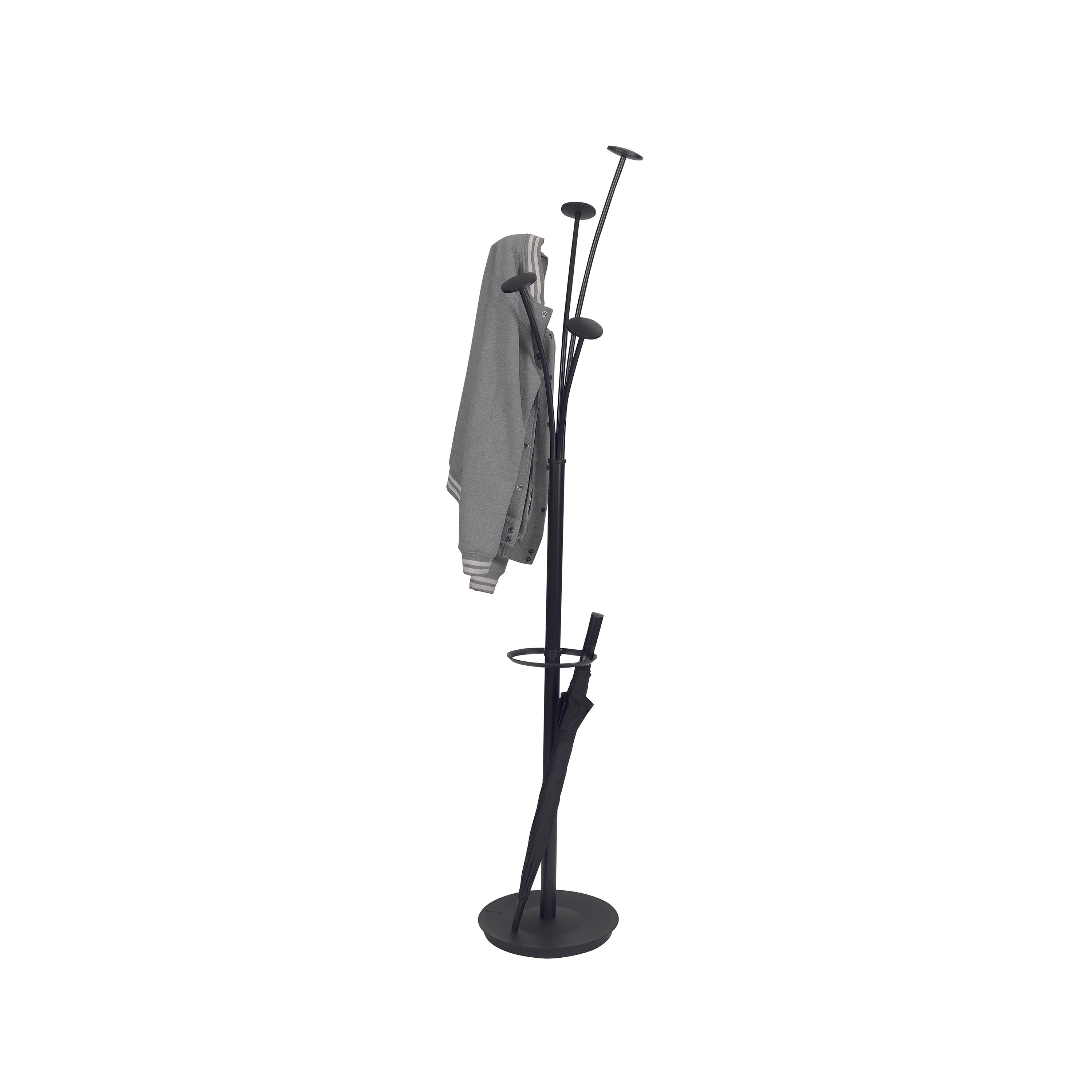 Side angle of Alba Festival black coat stand with round base and multi-hook design