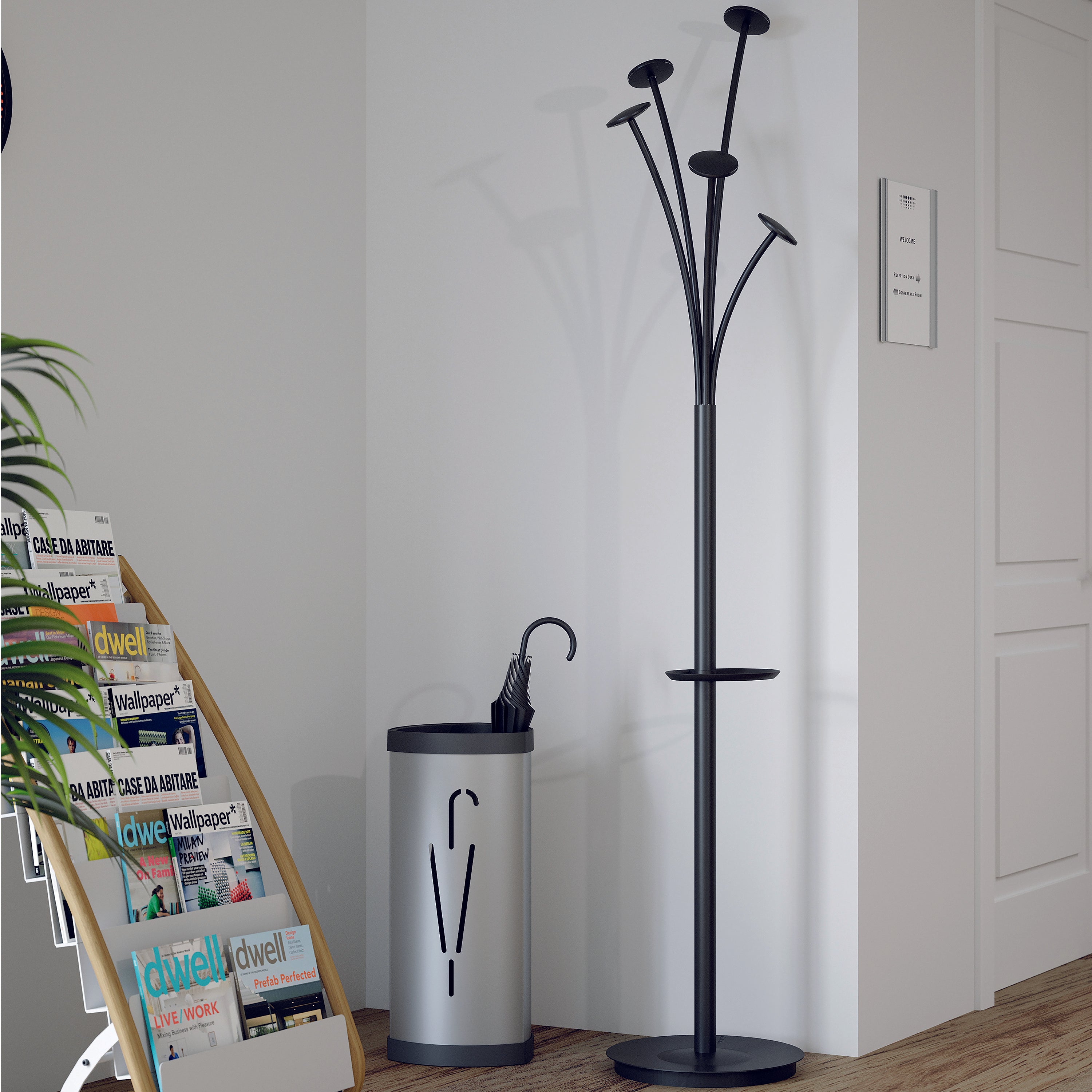 Rear view of Alba Festival coat stand in black with multiple coat and hat hooks