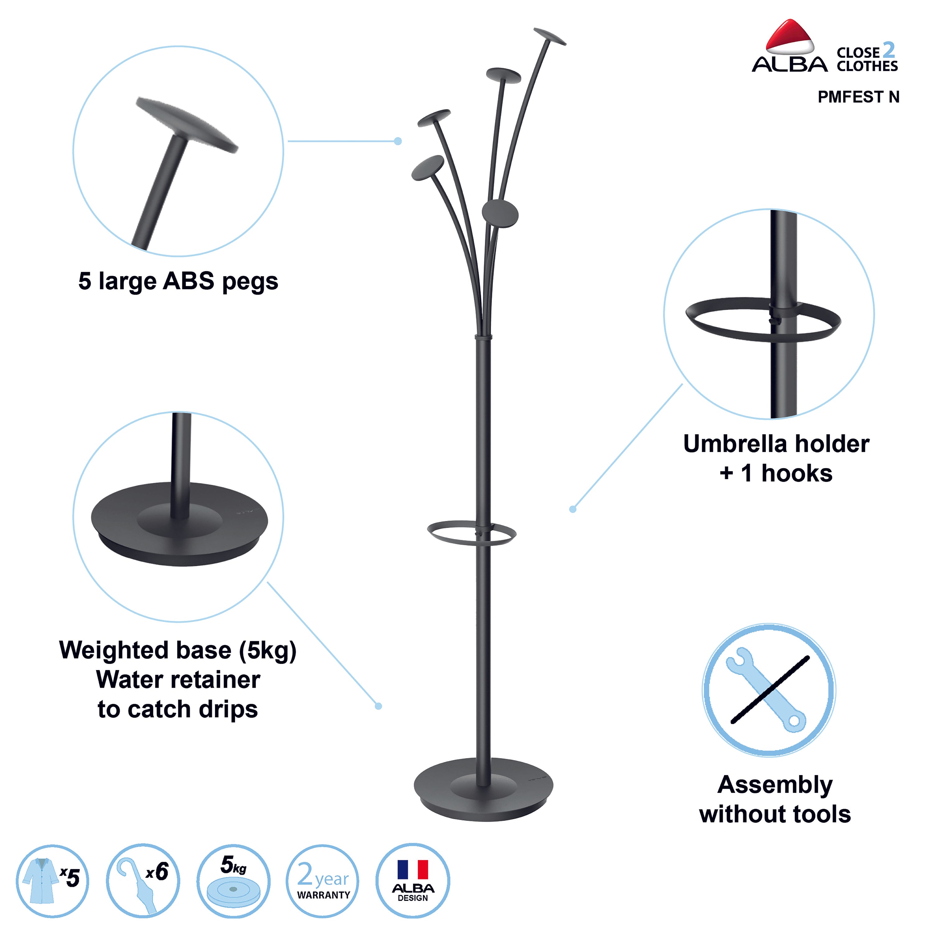 Alba Festival black freestanding coat stand with umbrella holder, full product display