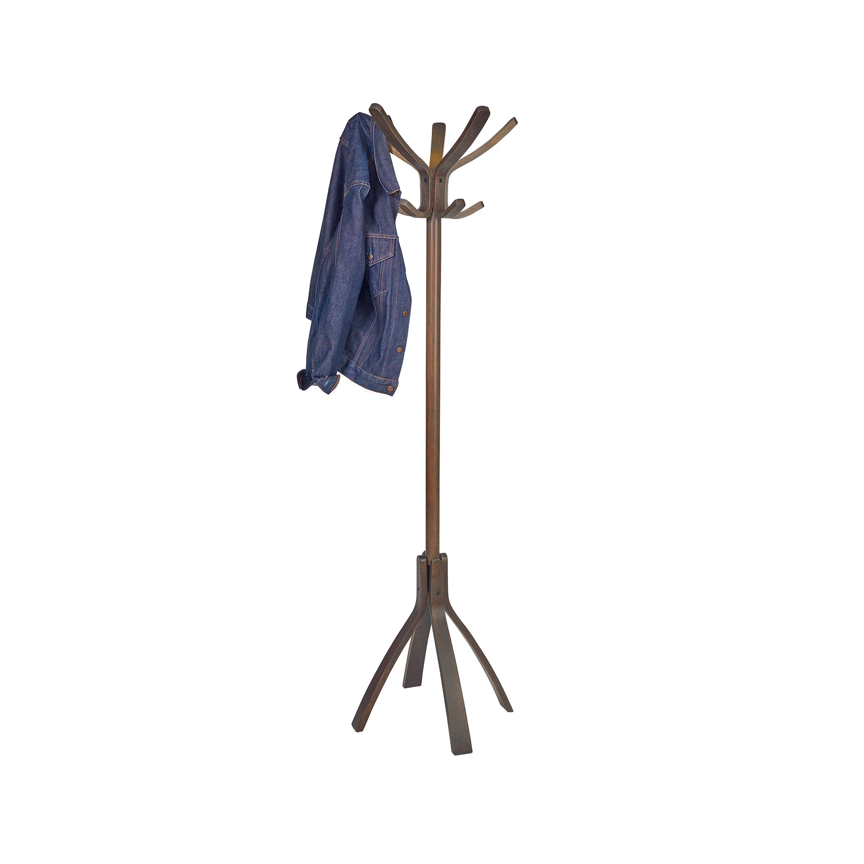 Angled side view of Alba Cafe coat stand in dark wood with modern, minimalist design