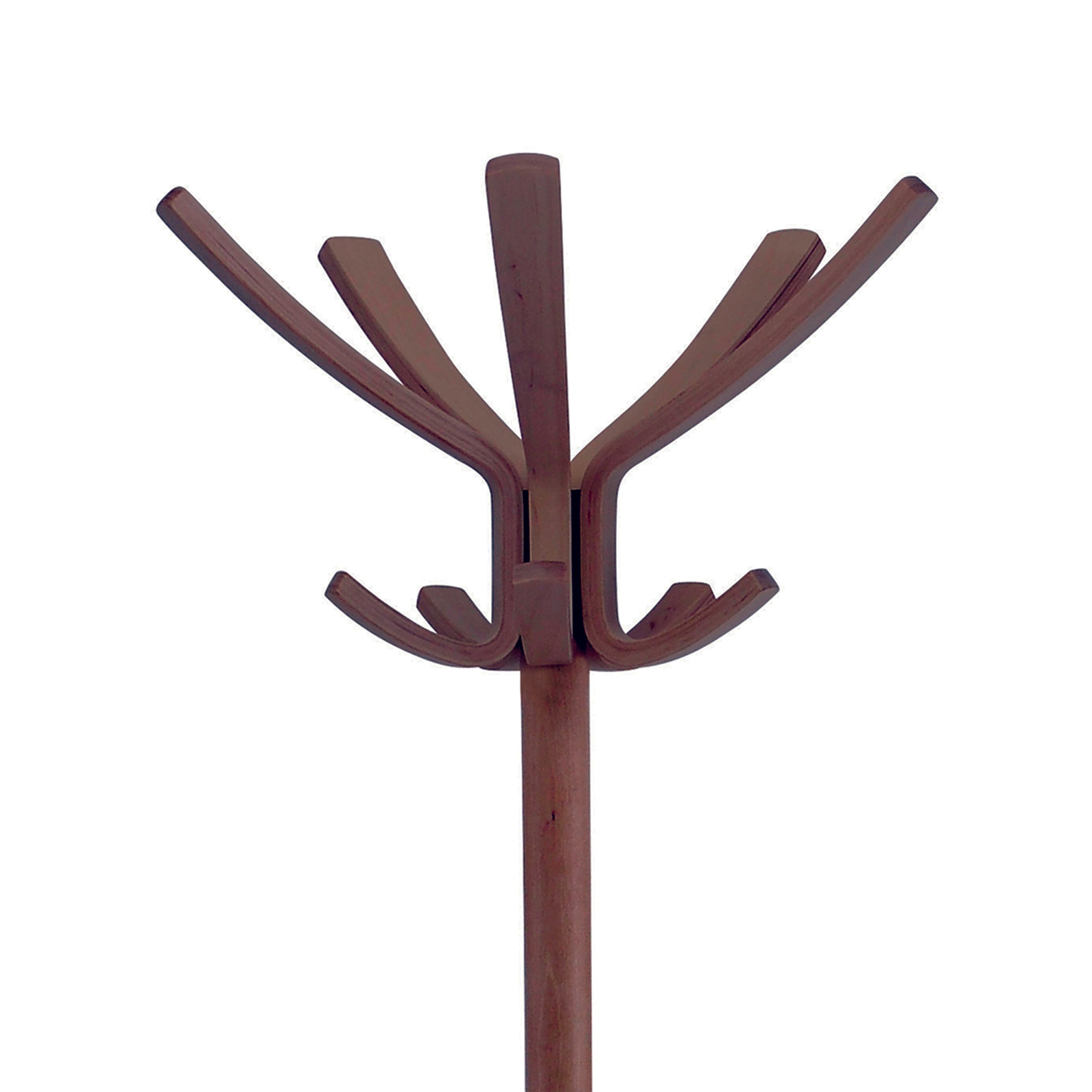 Close-up of Alba Cafe dark wood coat stand top section with elegant wooden hooks