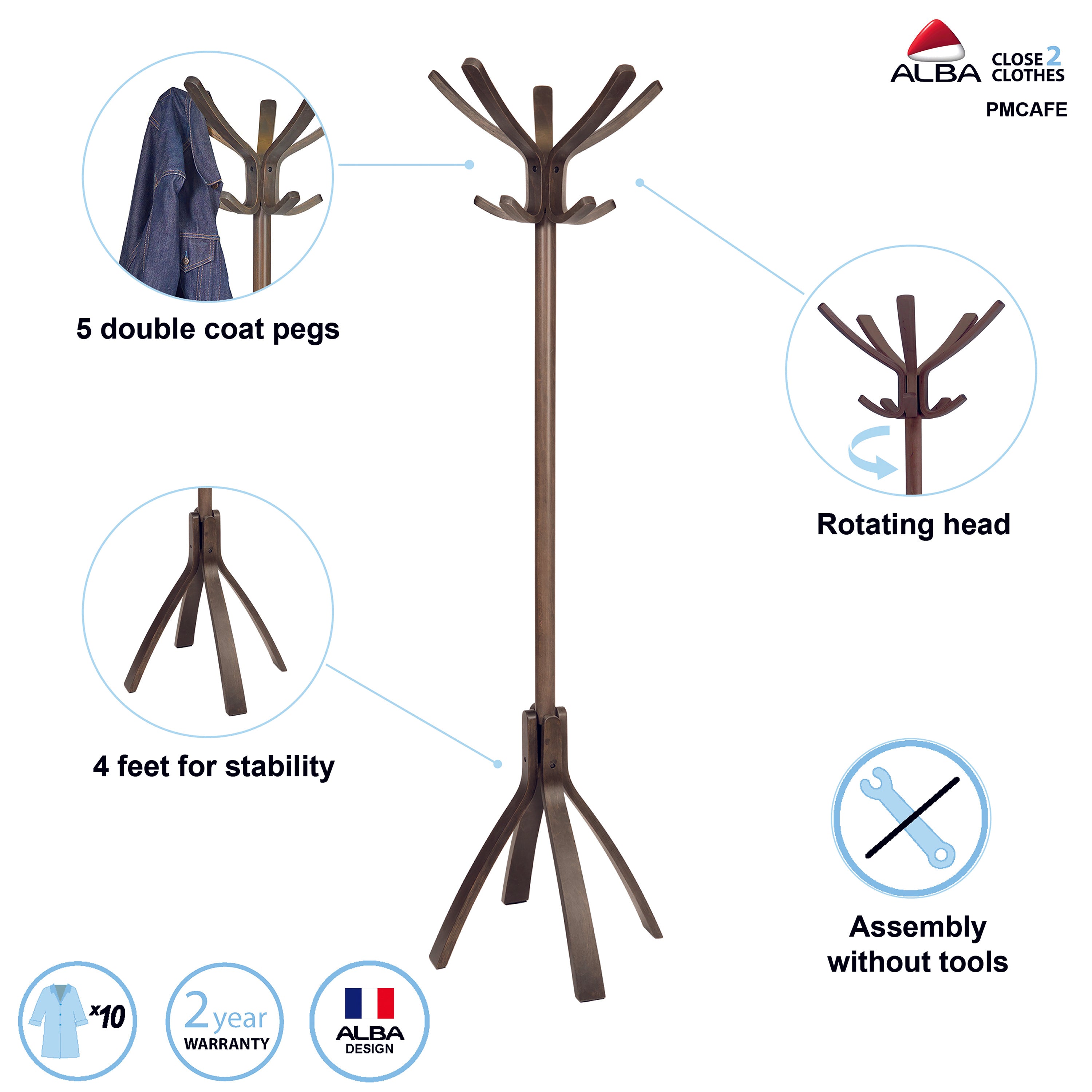 Full base detail of Alba dark wood Cafe coat stand with smooth finish and balanced stance