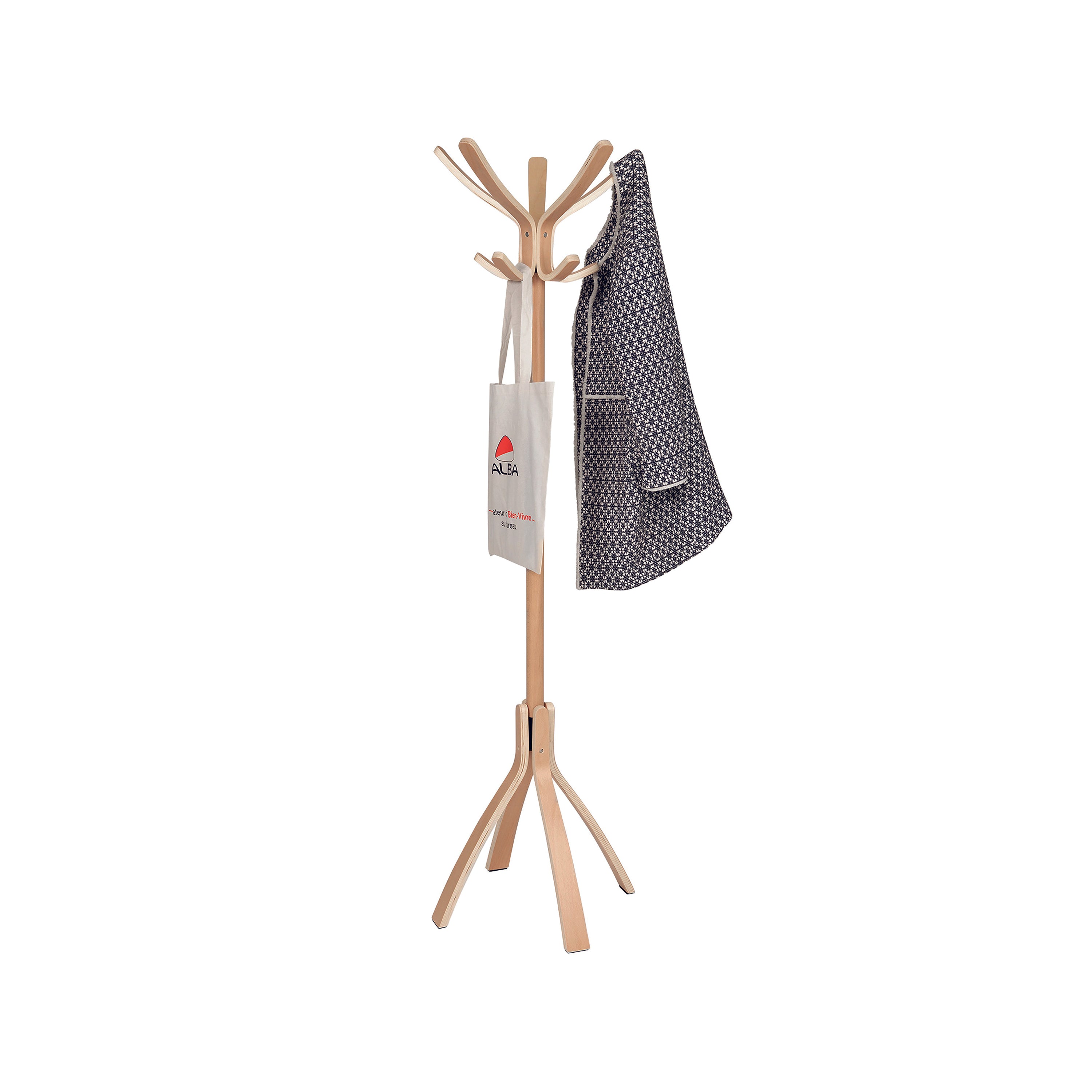 Side angle view of Alba Cafe freestanding coat stand in natural light wood finish