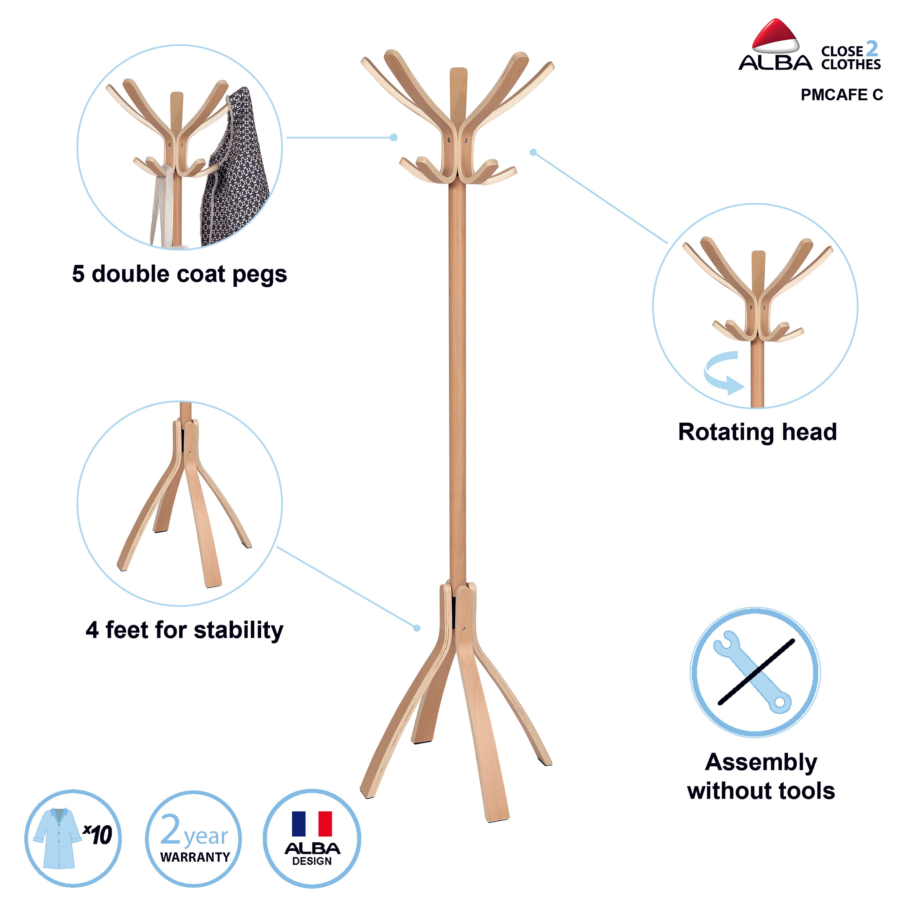 Alba Cafe light wood coat stand with rounded hooks and circular base, full upright view