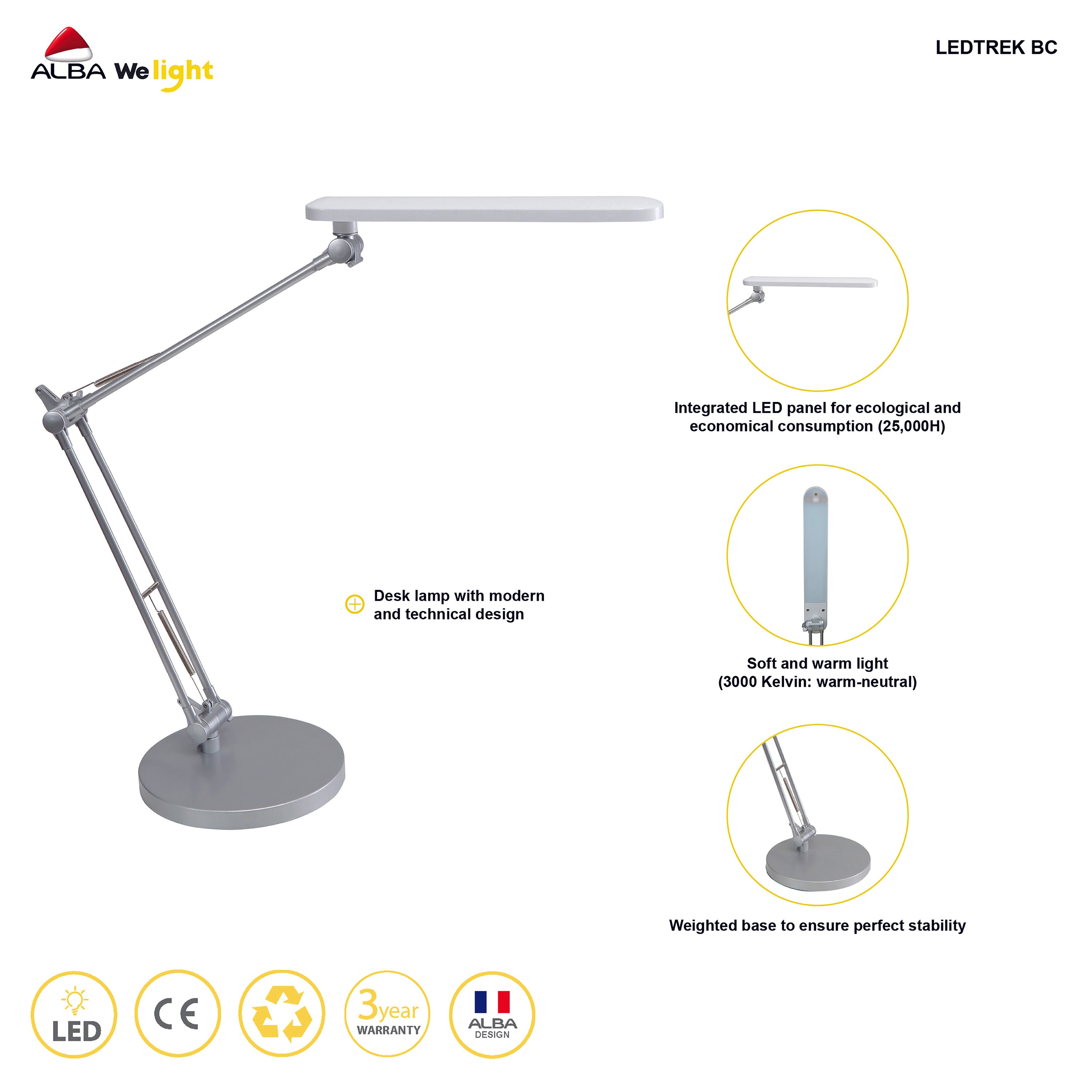 Full display of Alba Trek LED desk lamp in white with soft LED lighting and slim frame
