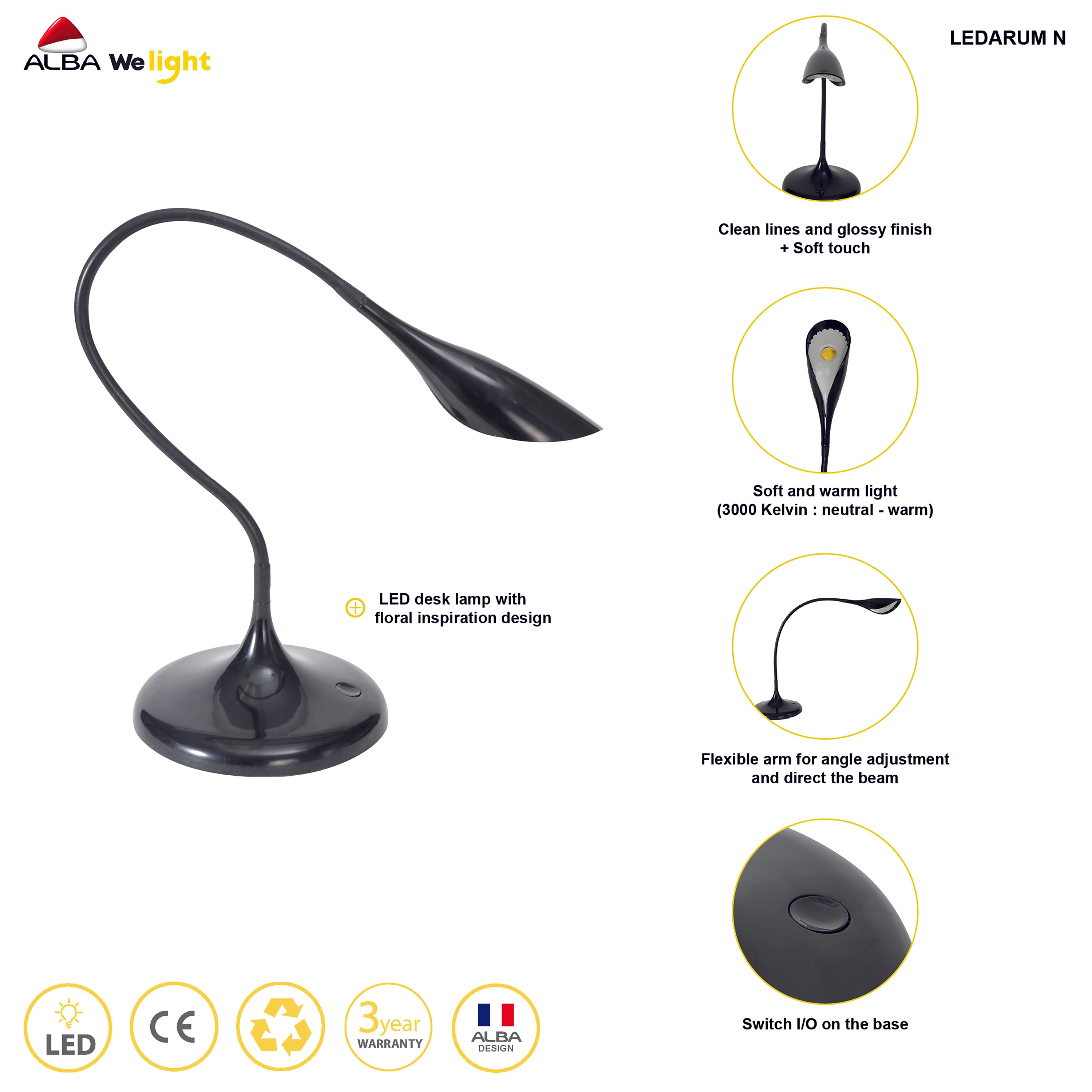 Alba Arum LED black desk lamp with curved arm and rounded head