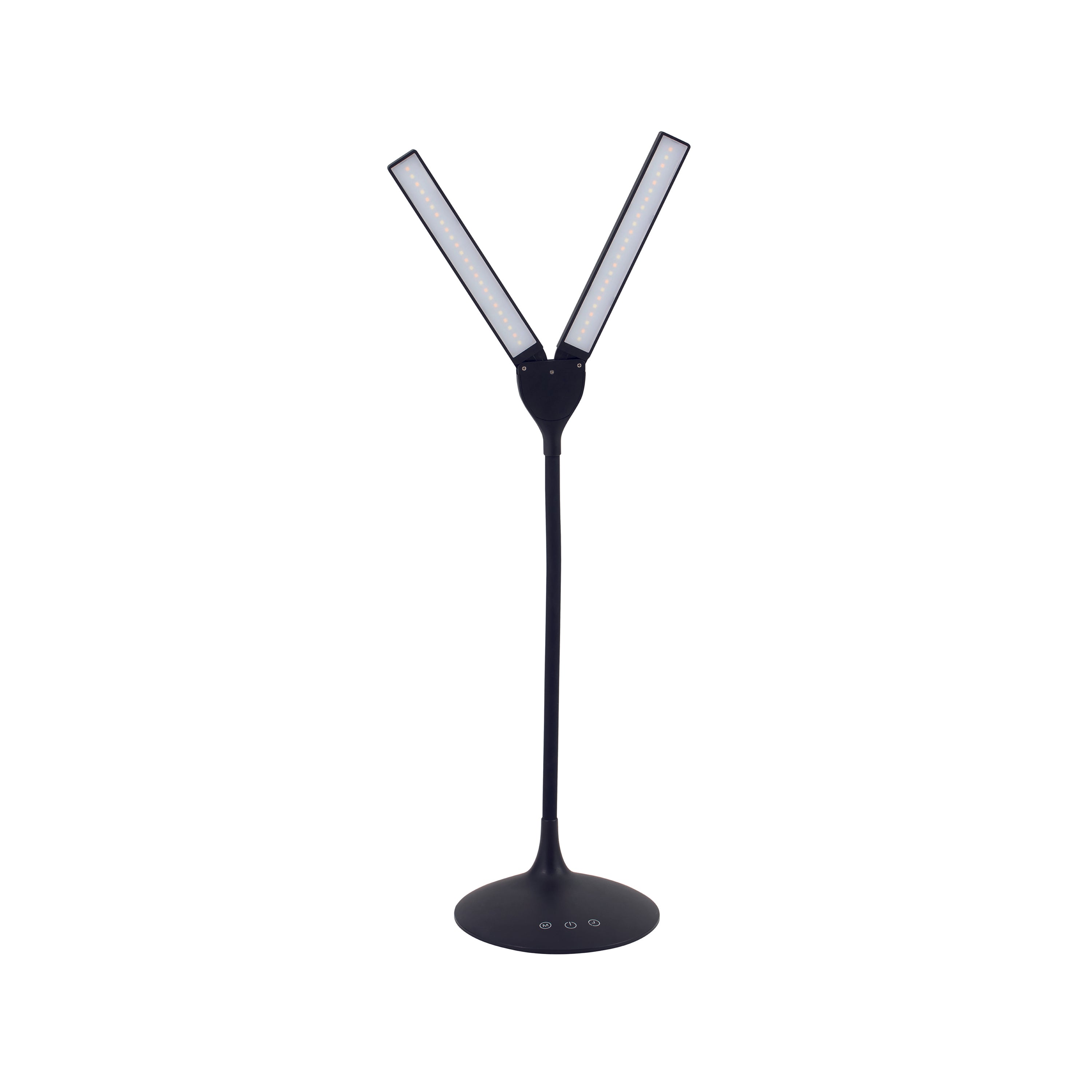 Detail of Alba Nomad black dual light desk lamp with wide reach and modern shape