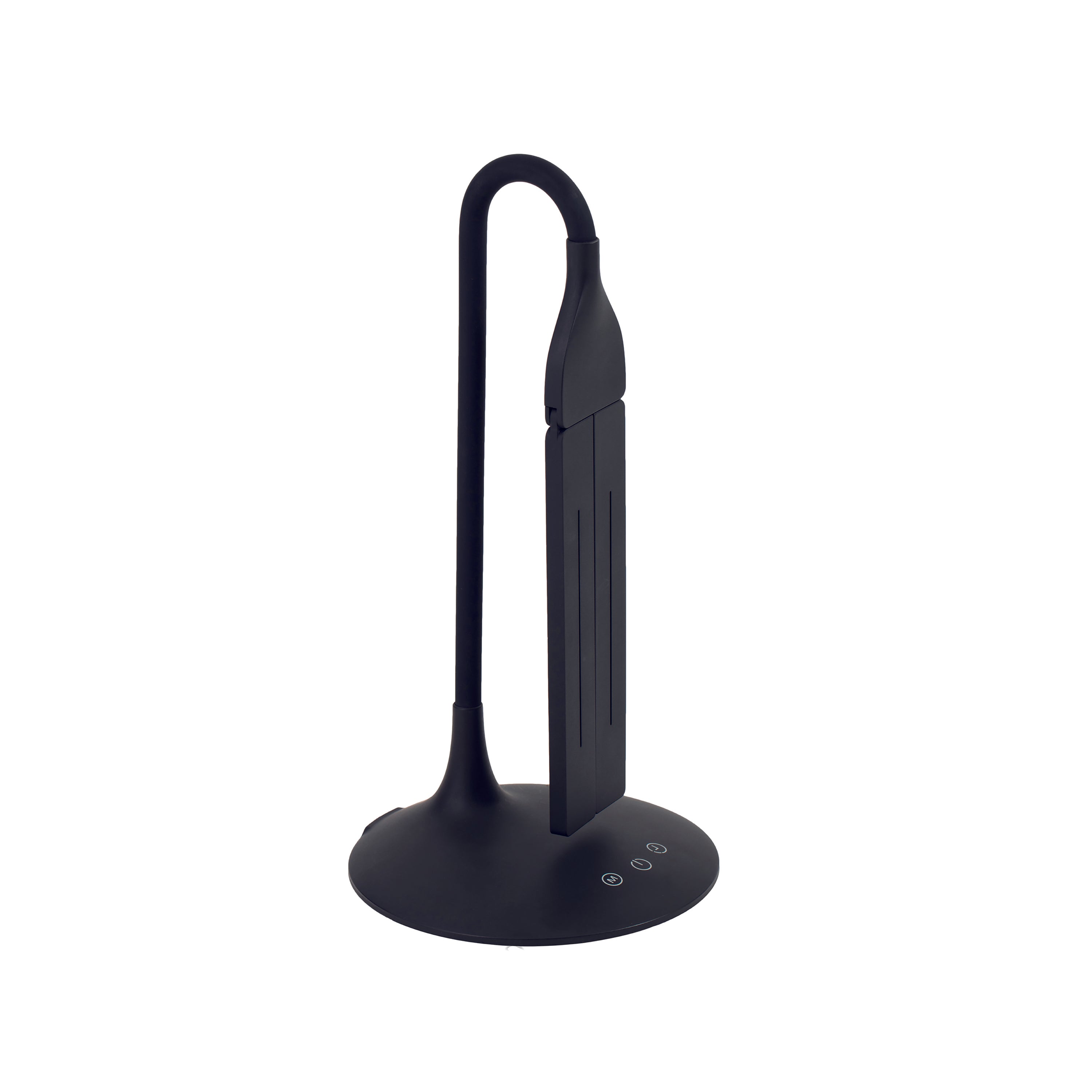Alba Nomad LED desk lamp in black with flexible double arms and circular base