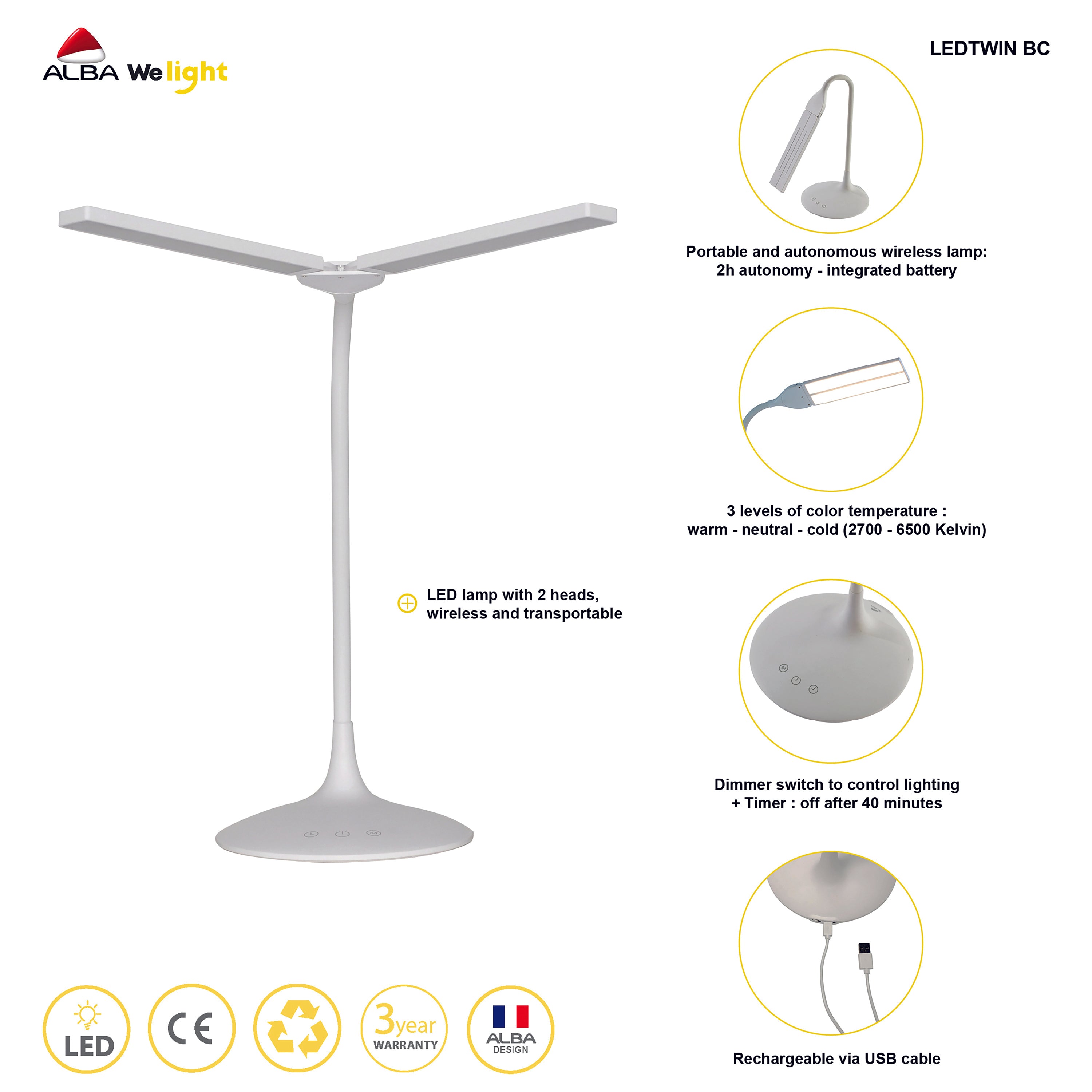Alba Nomad white LED desk lamp with long arm design and base support