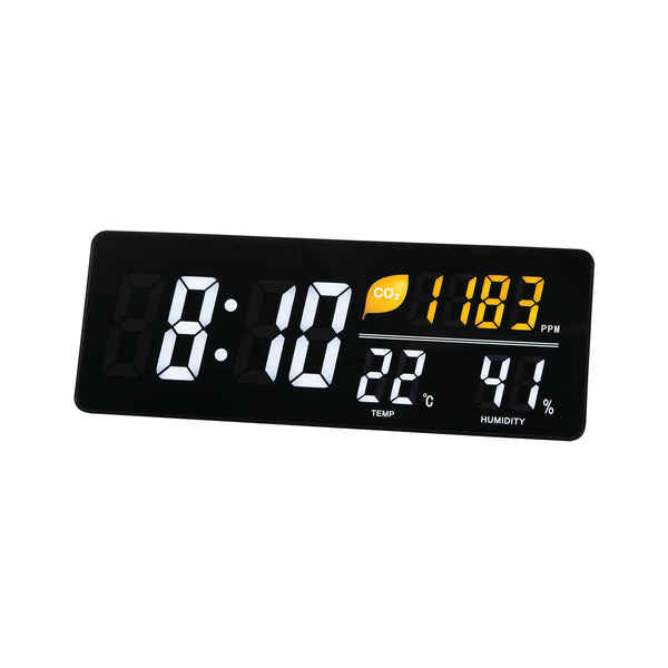 Alba LED wall clock in black with CO2, temperature, and humidity digital sensors