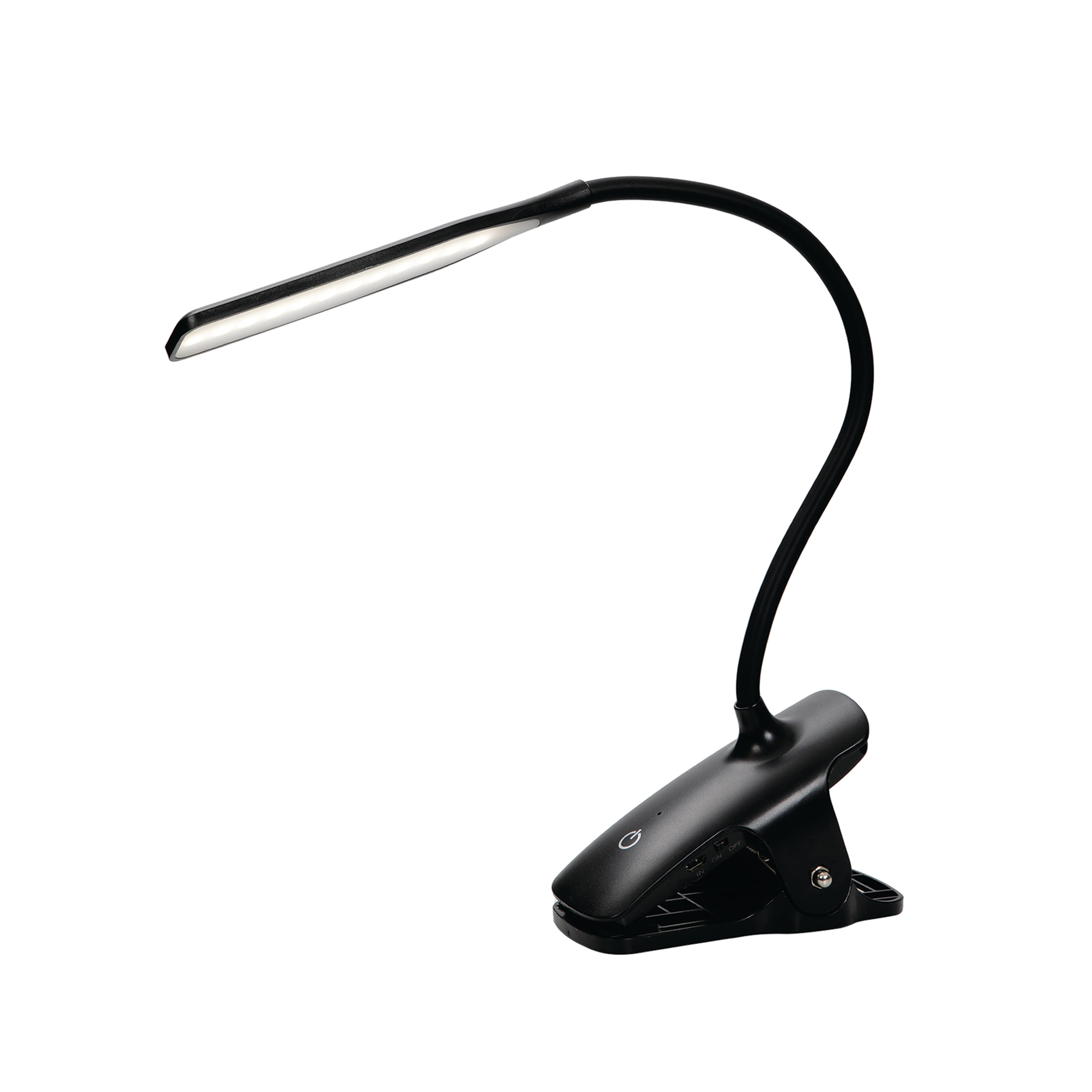 Alba LED wireless desk lamp in black with tabletop clamp and slim adjustable arm