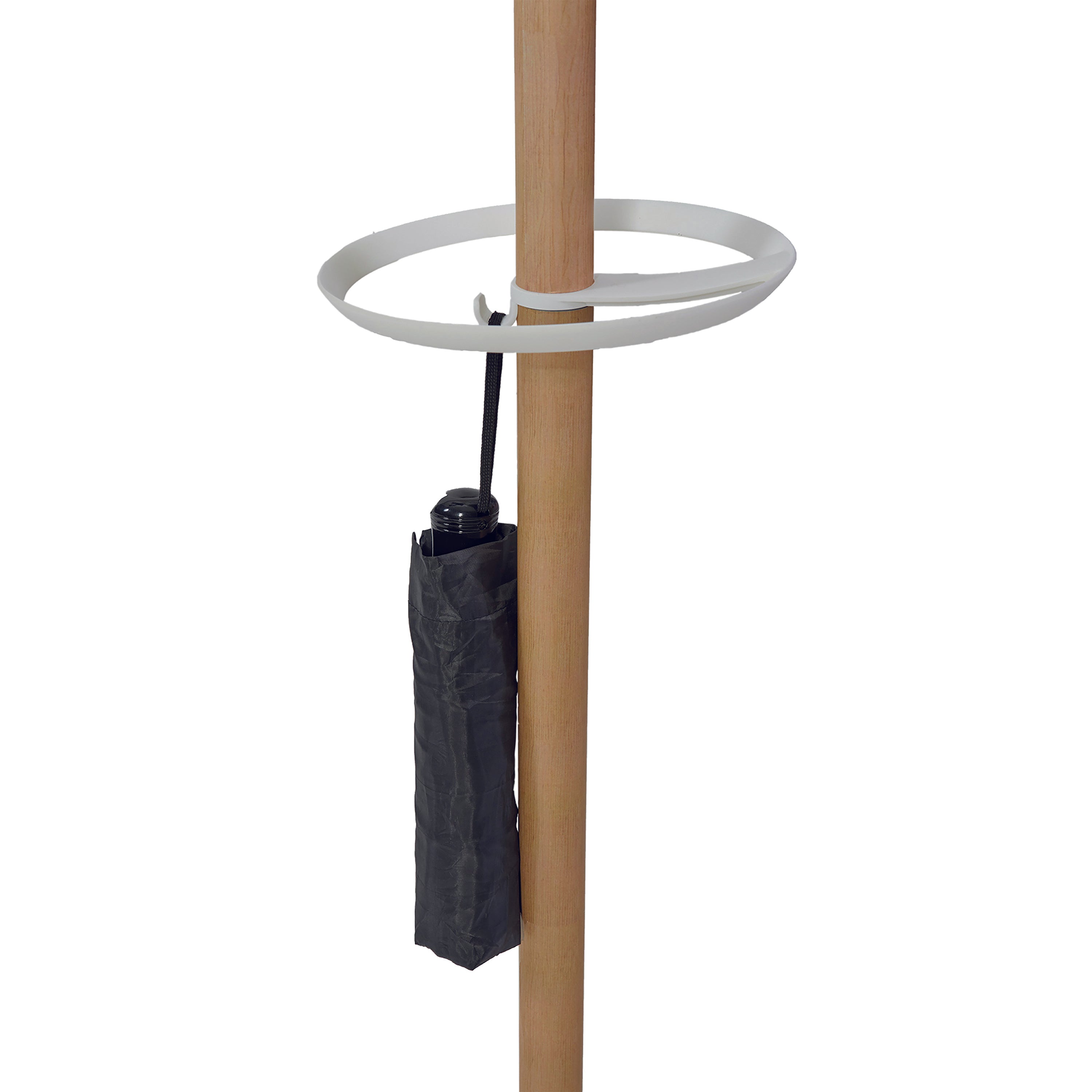 Alba coat stand showing beechwood poles and base with white accents