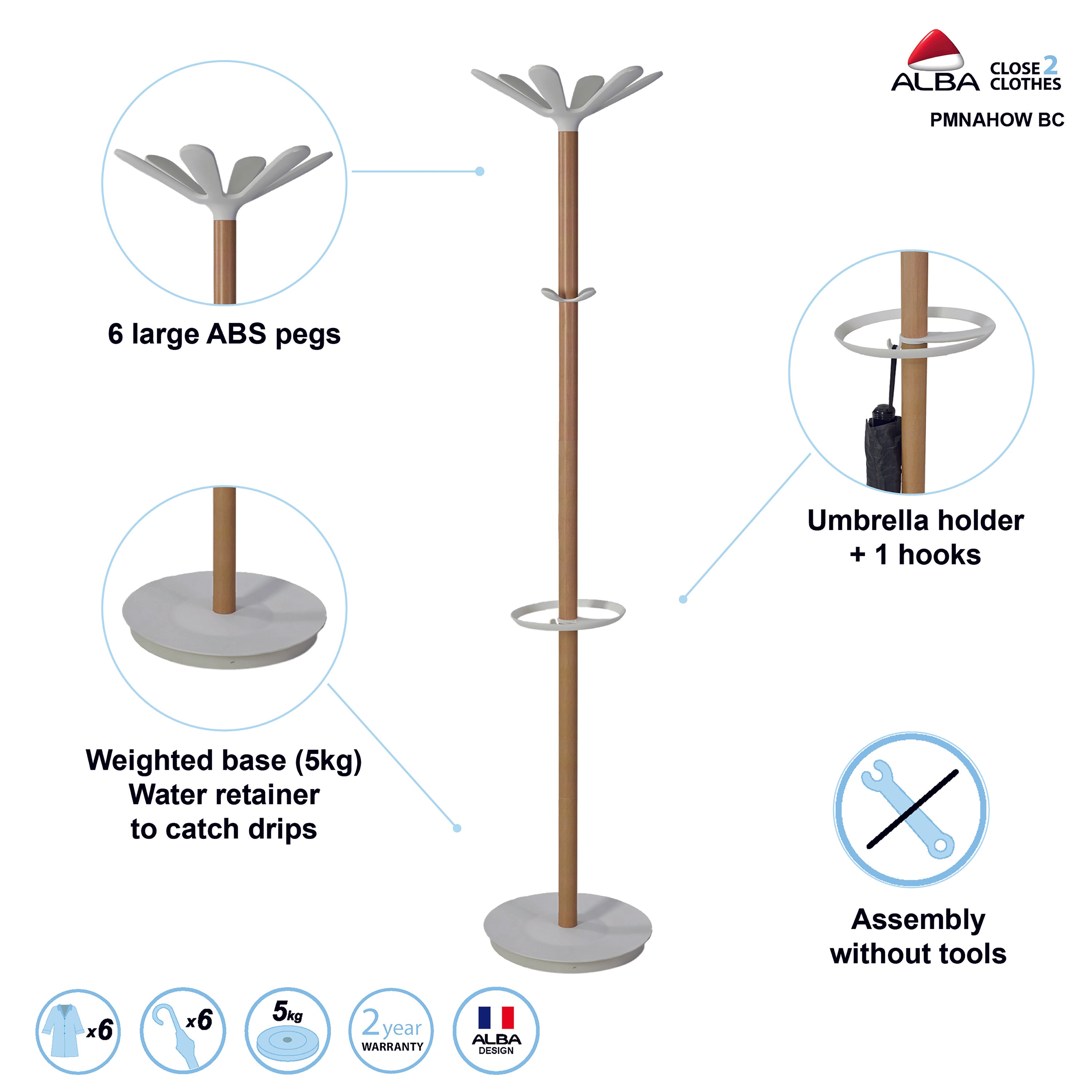 Top display of Alba beech and white coat stand with layered hanging sections
