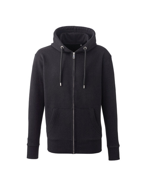 Flat lay of the Anthem AM002 men's full-zip hoodie in classic black.